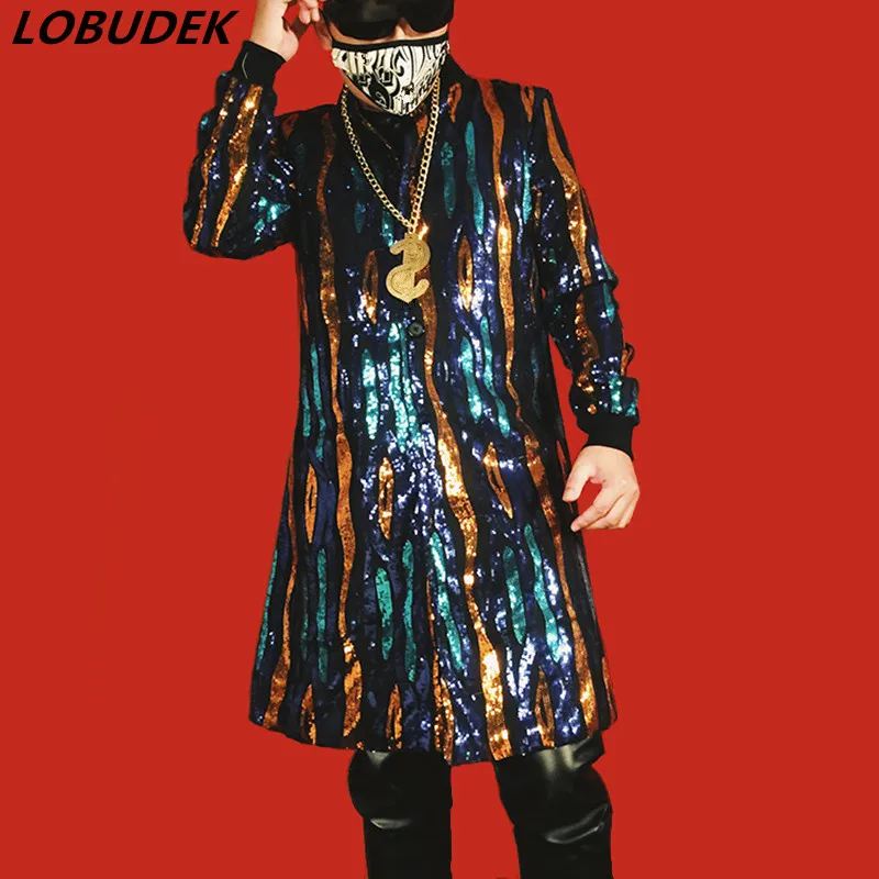 Мужской осенне зимний сценический наряд блестящее длинное пальто с красочными