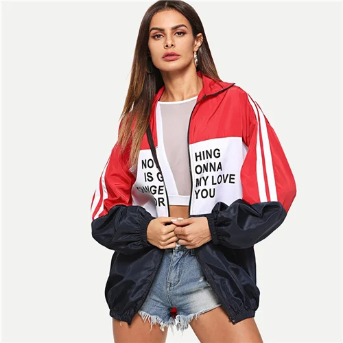 Dotfashion куртка на молнии с цветным блоком и буквенным принтом женская осенняя одежда с отложным воротником Верхняя одежда спортивное весеннее разноцветное пальто - Цвет: Многоцветный