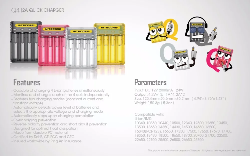 Nitecore Q4 симпатичное зарядное устройство для 18650 18350 14500 16340 RCR123 26650 IMR li ion/12 В вход