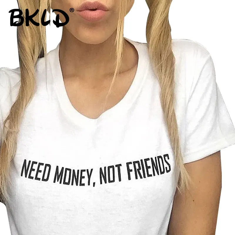 Женская футболка с коротким рукавом BKLD Повседневная из хлопка надписью NEED MONEY