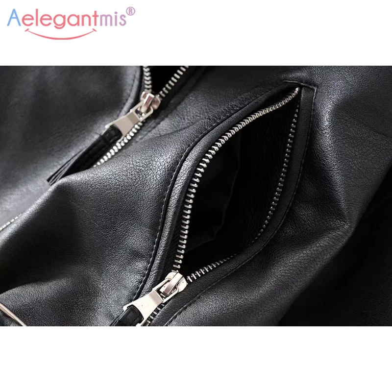 Aelegantmis New Pu Leather Jacket Women Fashion Loose Faux Leather Biker Jacket Black Soft Jacket Ladies Zipper Basic Coat