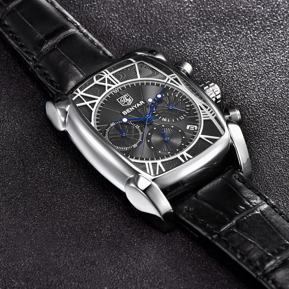 

BENYAR Fashion Sport Chronograph Men's Watches Waterproof 30M Genuine Leather Strap Luxury Classic Rectangle Case Quartz Watch