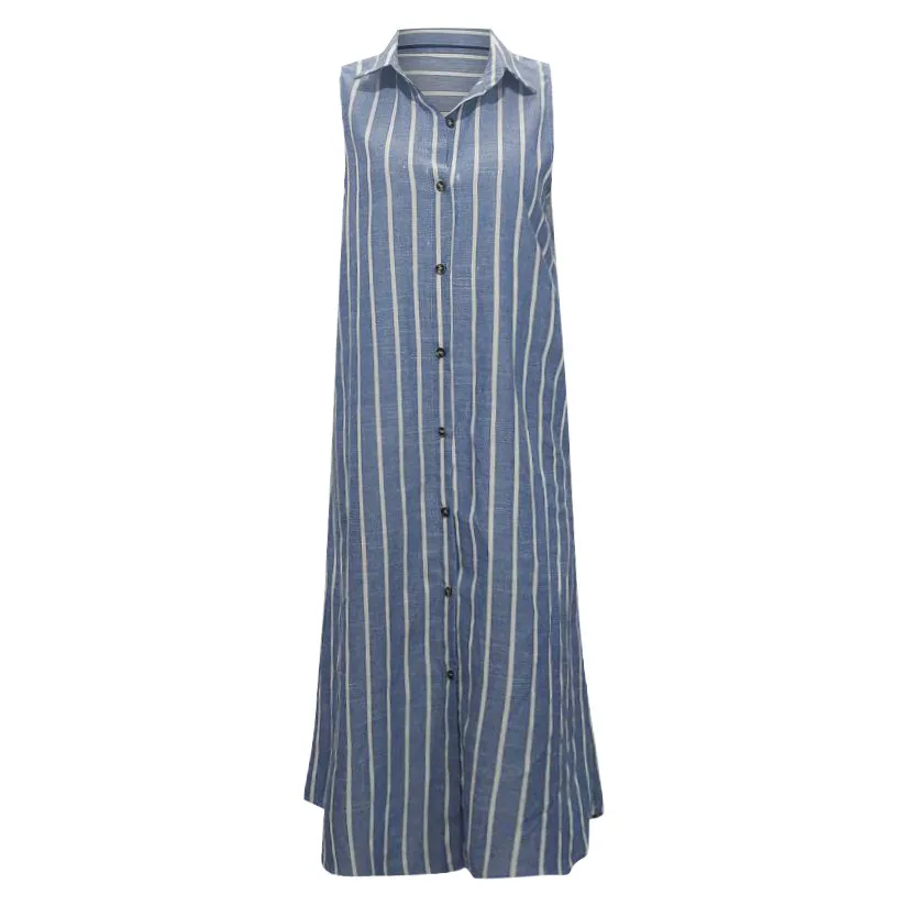 2019 Fashion Women's Summer Cotton Linen Mid-Calf A-Line Dress New Casual Stripe Sleeveless Turn-Down Collar Breasted A50 | Женская