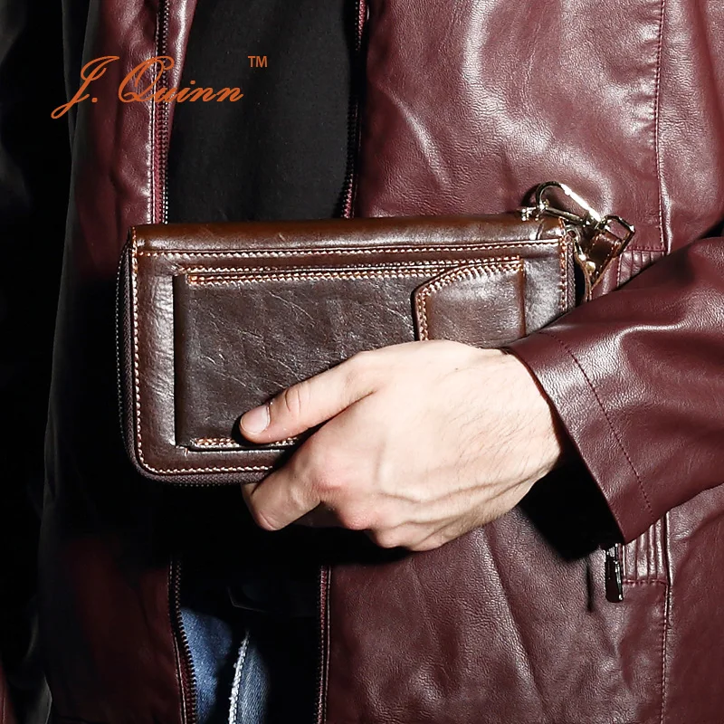 J.Quinn Phone Men Oil Wax Leather Clutch Wallets with Wrist Strip Large Zipper Handy Bag Iphone 6 Vintage Business Travel Wallet | Багаж и
