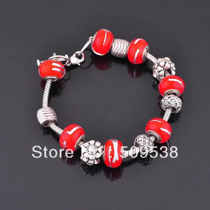 Hip Hop Red Glass Beads Bracelet Big Hole Alloy Men Bracelets Women Handmade Charm 6pcs/lot | Украшения и аксессуары