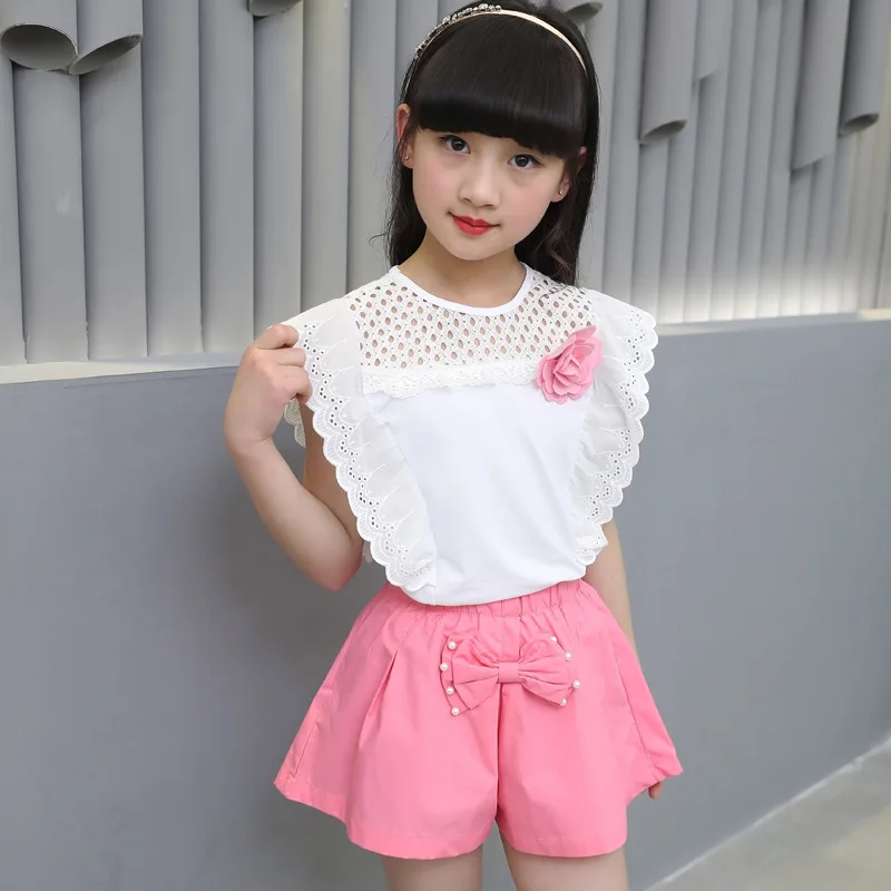 Комплект летней одежды для девочек кружевной жилет и шорты комплект 6 8 10 12 14 лет |