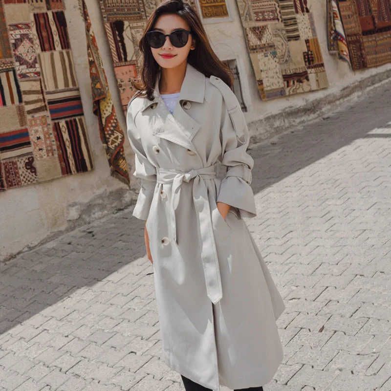 Beige Trench Coat Women's Raincoat Long Streetwear Overcoat Feminino New Elegant Autumn Fashion Turn-down Collar Bat Sleeved