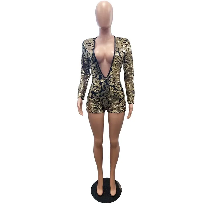 Beyprern блеск QUEEN GLAM ROMPER(черный/золотой) сексуальный глубокий v-образный вырез Блестки Короткие Комбинезоны Костюмы Ночные комбинезоны