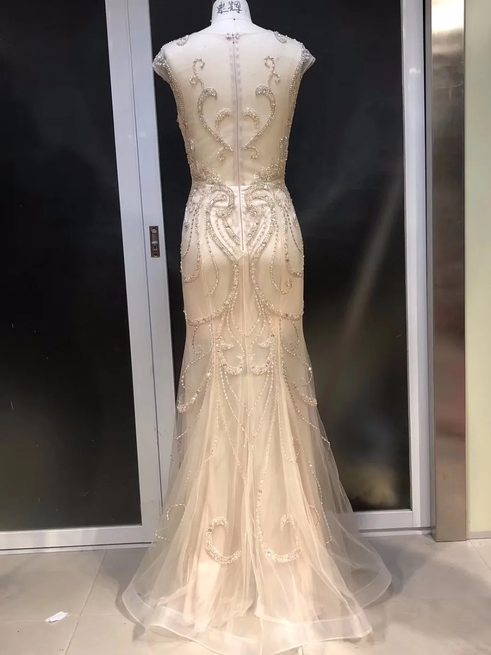 New Gorgeous Mermaid Evening Long Dresses 2020 Beading Sleeveless Tulle  Champagne Prom Gown