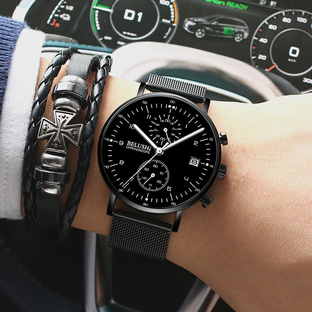 

2020 New Model Dropshipping Fashion Watch Men Stainless Steel Multifunction Waterproof Quartz Watches Luminous Chronograph Watch