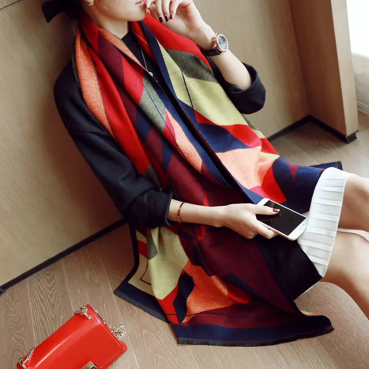 1 Европейский геометрический цветной шерстяной теплый кашемировый шарф для женщин руссан модные зимние палантины, шали, шарфы B100 - Цвет: 1