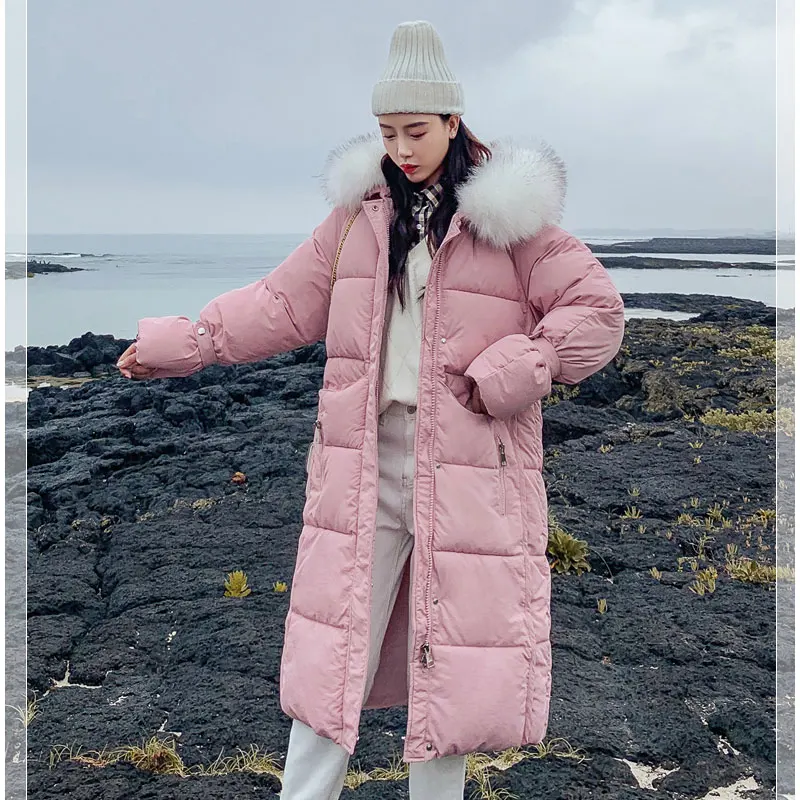 pink Шикарная длинная шуба с капюшоном Winter Down Coat хлопковая куртка - Цвет: pink