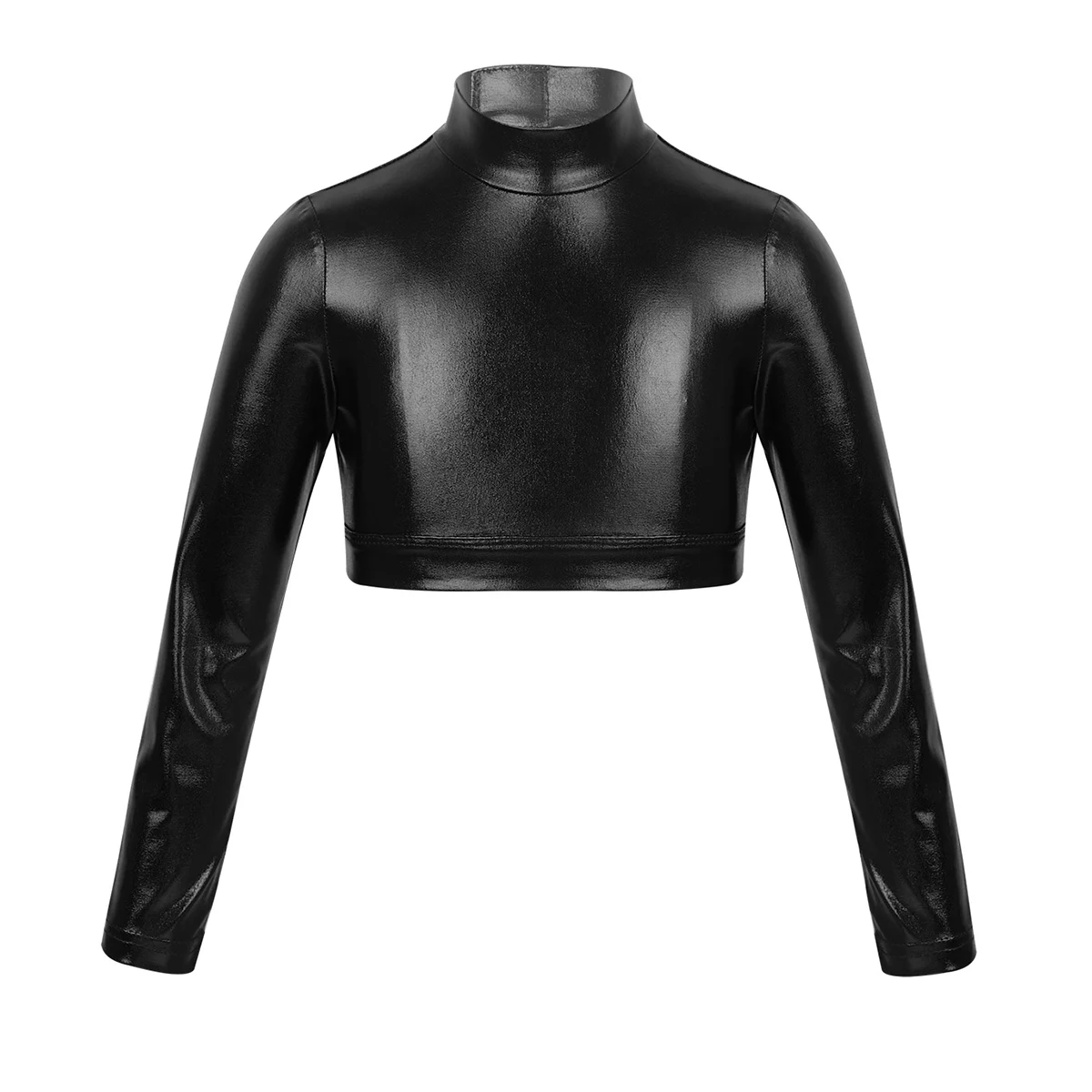 Children Kids Girls Long Sleeves Mock Neck Glossy Metallic Tops Crop Top for Dancing Stage Performance Ballet Class Dancewear