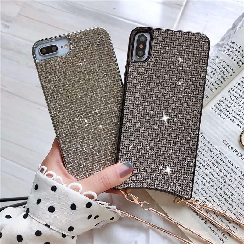 Роскошный чехол для телефона для iPhone11, блестящий чехол для iPhone X 8 6 6s Plus XS MAX XR, модный подвесной чехол на шею с бриллиантами