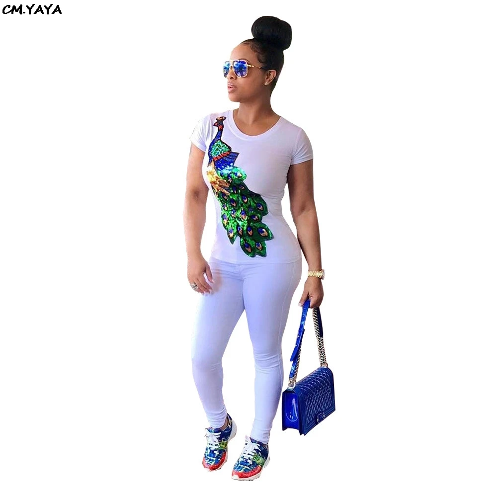 2019 women summer Peacock sequins splicing o-neck short sleeve tee top vintage classic white t-shirt fashion t shirts GLA6204 | Женская