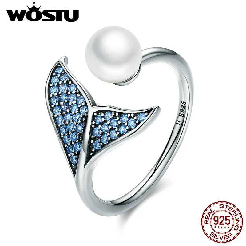 WOSTU 100% 925 Sterling Silver &amp Pearl The Tail Of Mermaid Adjustable Rings for Women Luxury S925 Jewelry Gift FIR286 | Украшения и