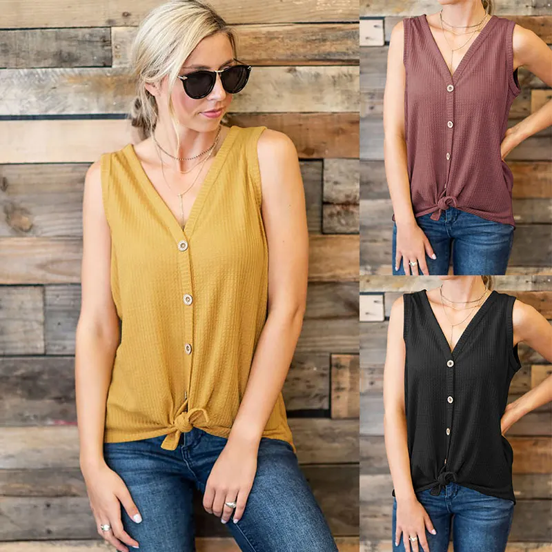 

Womens Waffle Knit Tunic Tops Stretch Sleeveless Casual T-Shirts With Front Tie Knot