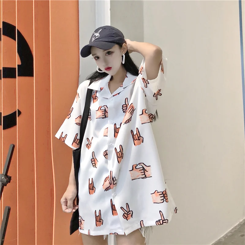 Корейская версия Harajuku Свободные узор отпечатков пальцев Топы уличной короткий