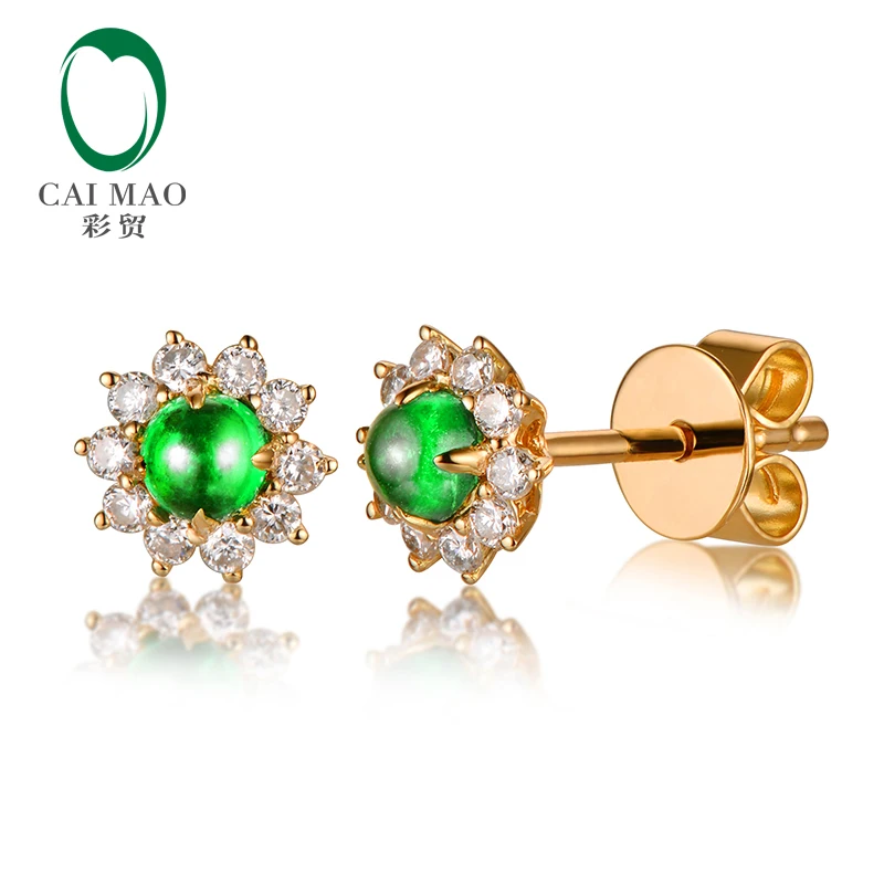 CaiMao классический ретро 0.26ct натуральный 3 мм кабошон изумруд и 0.16ct АЛМАЗ 14 K желтое золото серьги-гвоздики