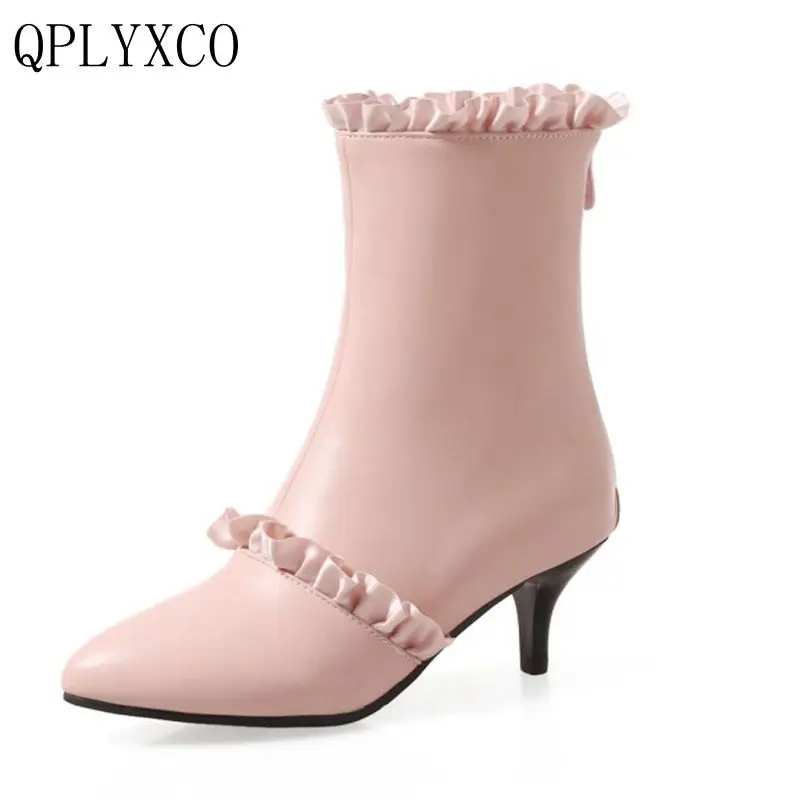QPLYXCO 2017 New Sweet fashion Big size 31-47 ankle boot short winter warm Women pointed Toe high heel wedding Party shoes A-529 | Обувь