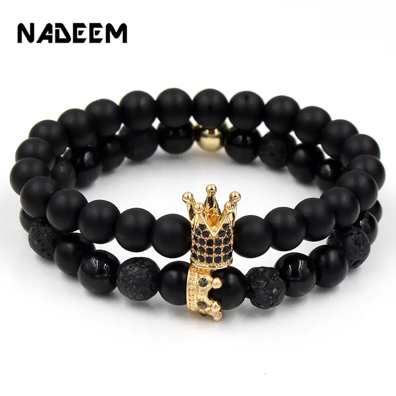 Wholesale 2Pcs/Set Natural Stone Bead Bracelet Crown Charm King Queen Buddha Bracelet Sets for Women and Mens Pulseras Masculina