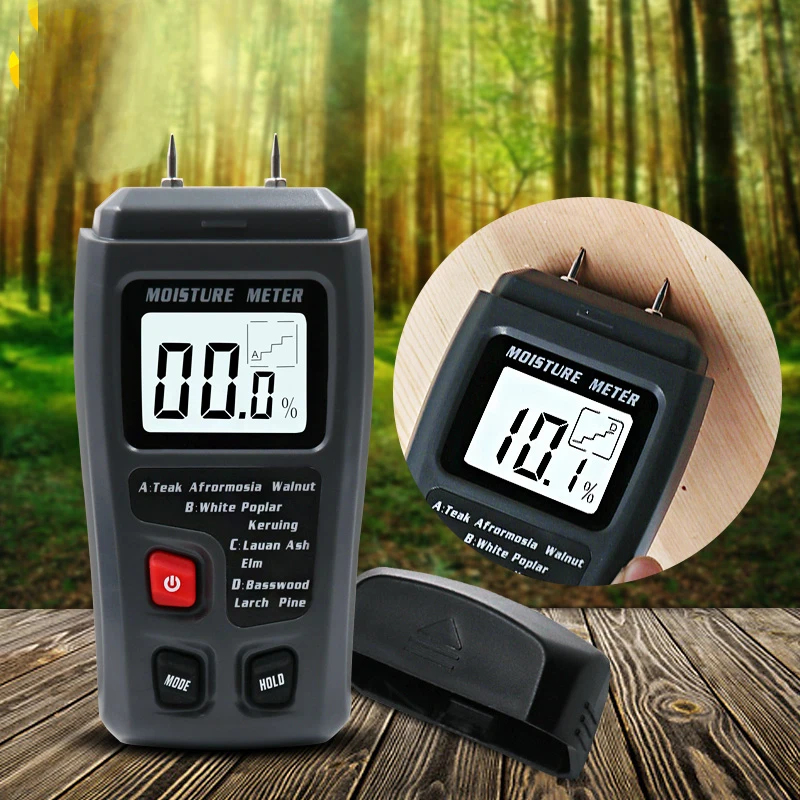 EMT01 medidor digital de umidade de madeira, 0-99,9%, dois pinos, teste de umidade, higrômetro, madeira úmida, detector, tela de LCD grande