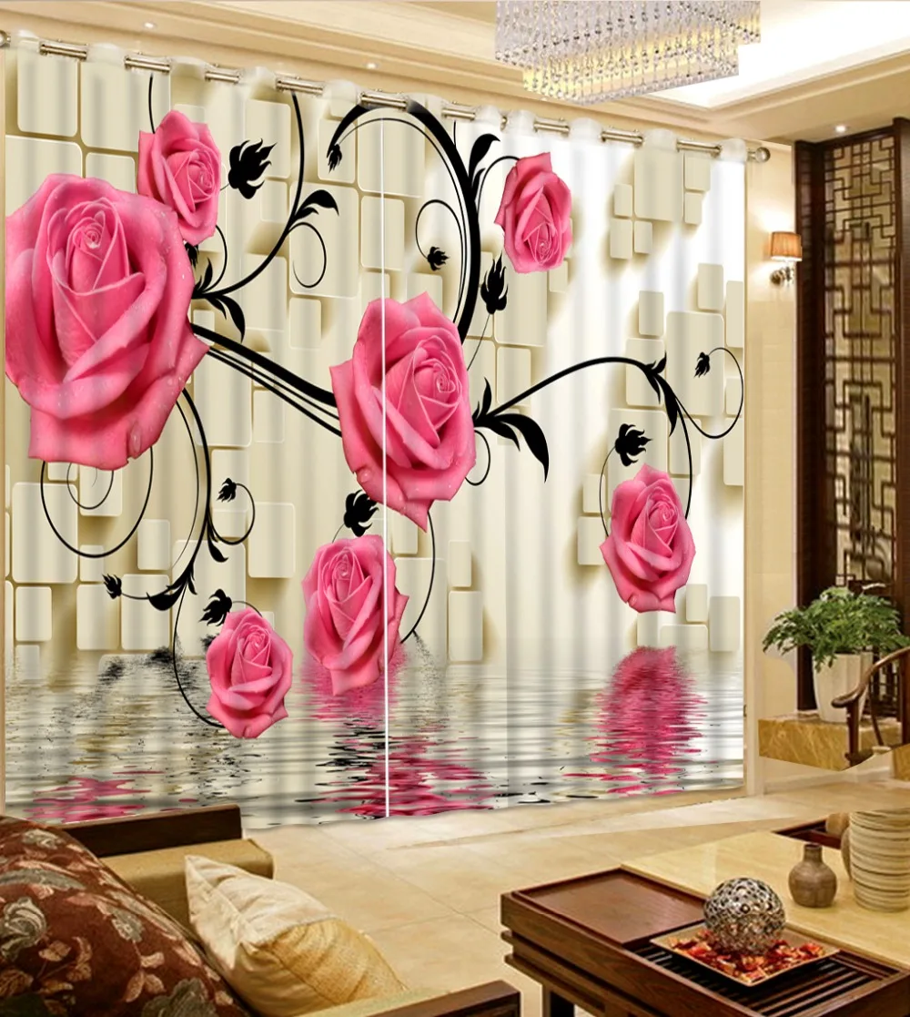

3D Curtain Print 3D Blackout Curtains For Living Bedding Room Drapes Cotinas Pink Flower Plaid Window Blackout Shade Curtains