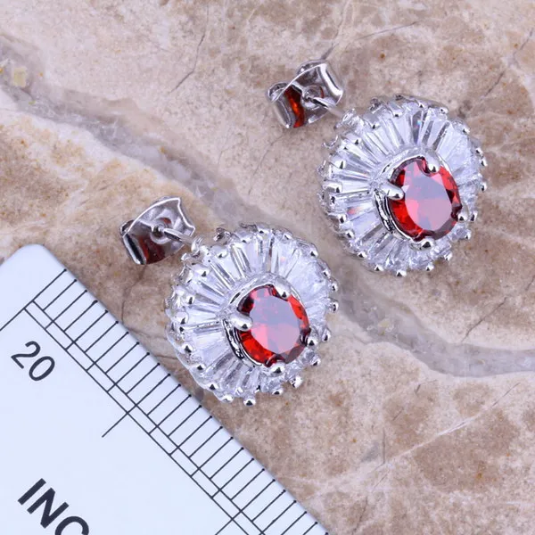 Потрясающие красные гранат Белый CZ Посеребренные Ювелирные наборы серьги кулон