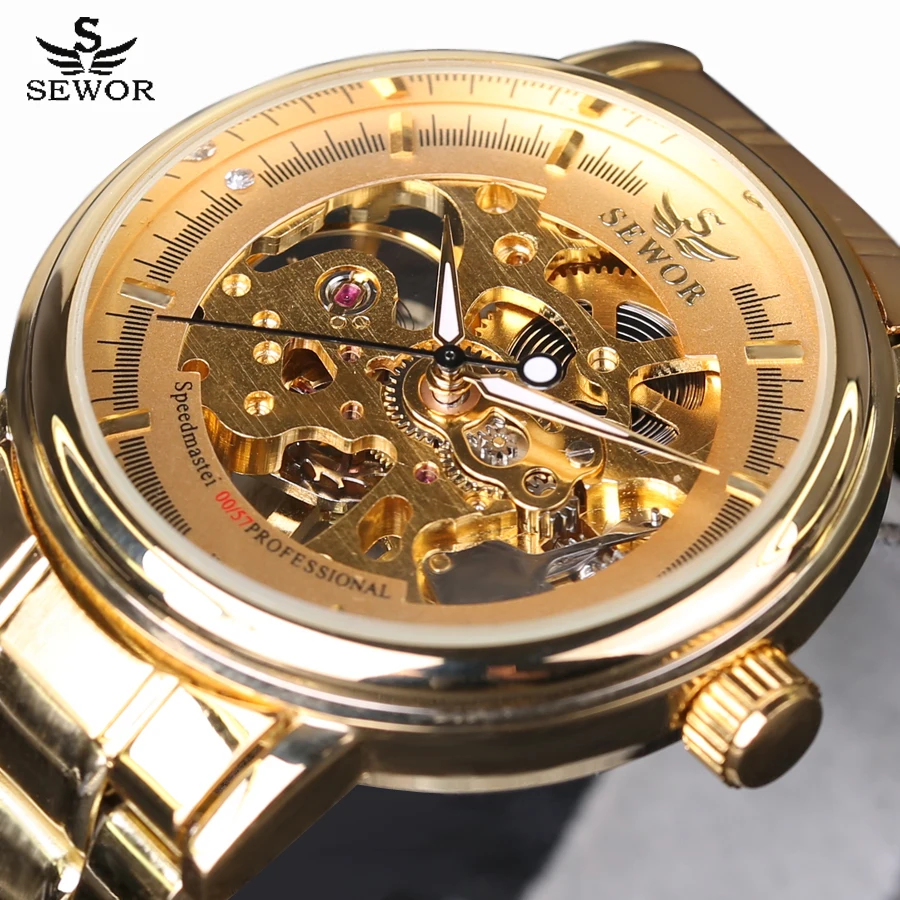 SEWOR 2016 мужские дизайнерские часы со скелетом полностью стальные механические