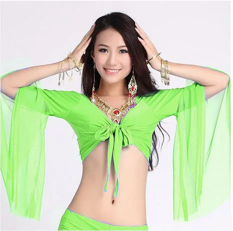12 colors Wholesale women belly dance clothes sexy spandex top mesh horn sleeves | Тематическая одежда и униформа