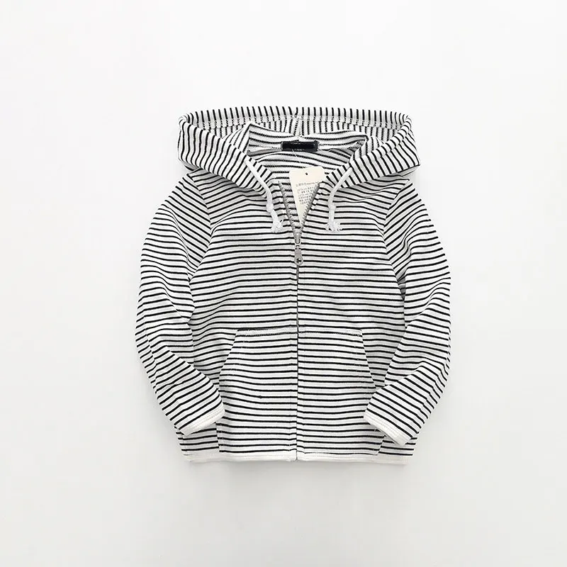 thin black Осенняя детская верхняя одежда с капюшоном, полосатый топ для девочек и мальчиков, куртка на молнии, Детский кардиган, пальто для детей 6-8 лет - Цвет: thin black