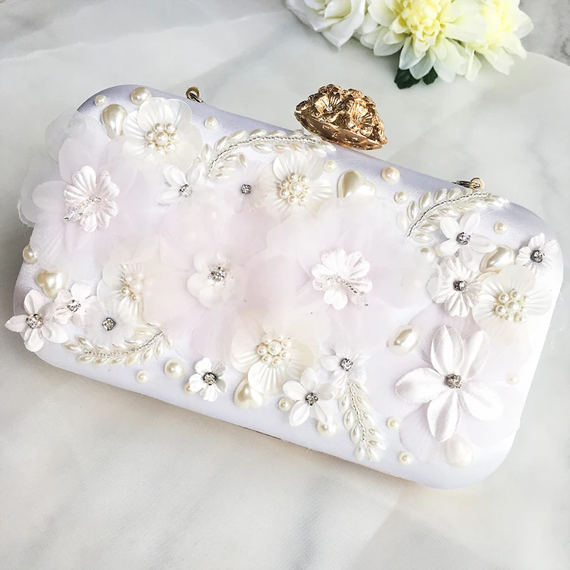 

handbag White lace flowers pearls bag woman 2017 new style party bags handbags female banquet bag evening dress bag