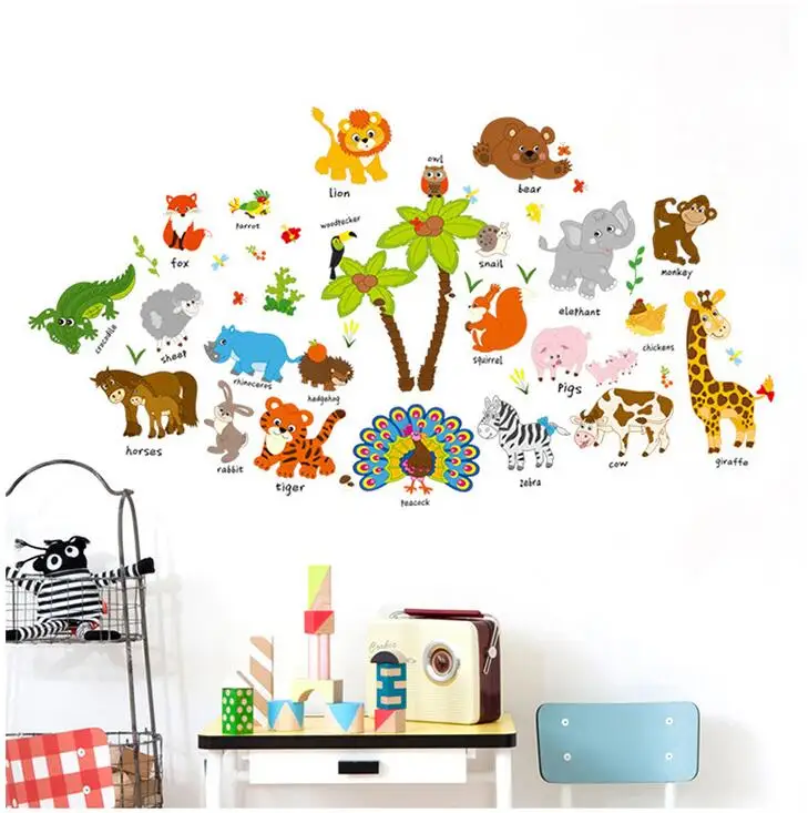Cartoon Animal Wall Sticker Friends Stickers For Kids Rooms English Letters Decal Nursery Decor SK9296 | Дом и сад