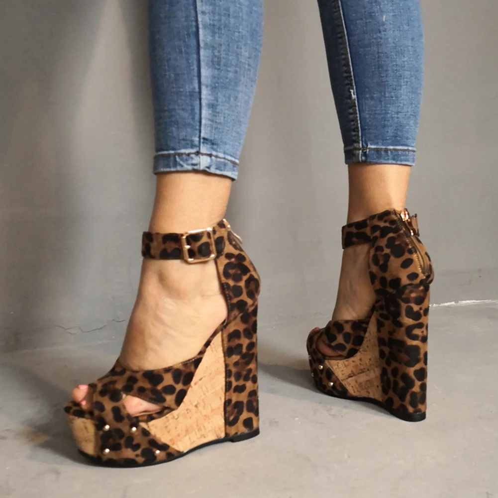 leopard SARAIRIS/Роскошные пикантные вечерние женские туфли с леопардовым принтом; модные туфли на высоком каблуке; женские босоножки; Туфли на танкетке; большие размеры 35-47 - Цвет: leopard