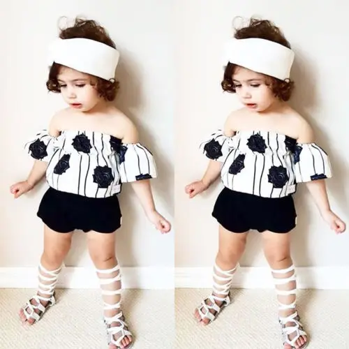 Для маленьких девочек комплекты одежды для из топа в полоску и штаны с розами