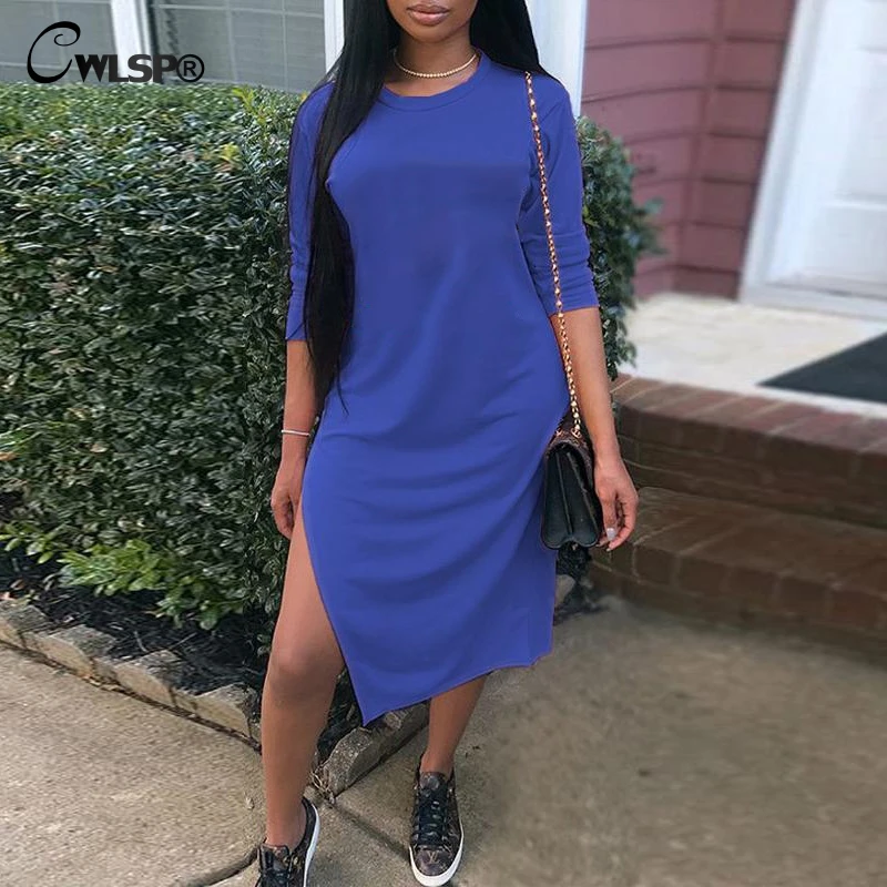 

CWLSP 2018 Autumn Sexy Side Split Dress For Women Irregular Long Dresses Full Sleeve Solid 3 Color Female Cloth Vestidos QZ3176