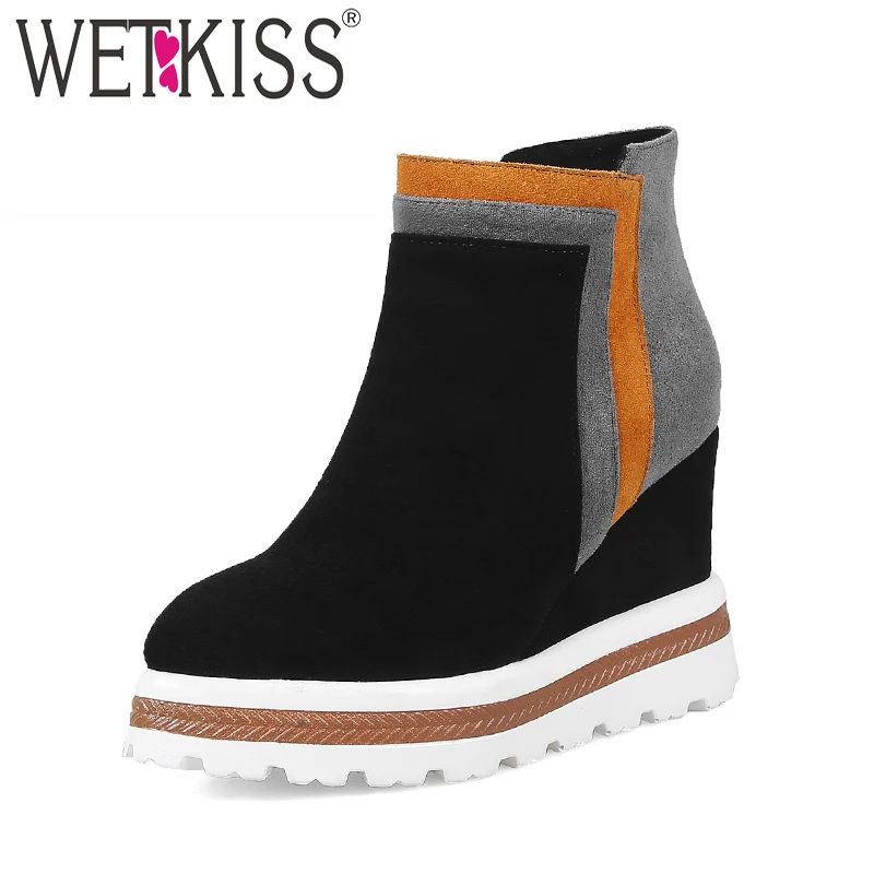 WETKISS/женские ботильоны из флока на высоком каблуке обувь на танкетке на молнии; Новинка года; зимние женские ботинки с острым носком обувь на платформе женская обувь розового цвета