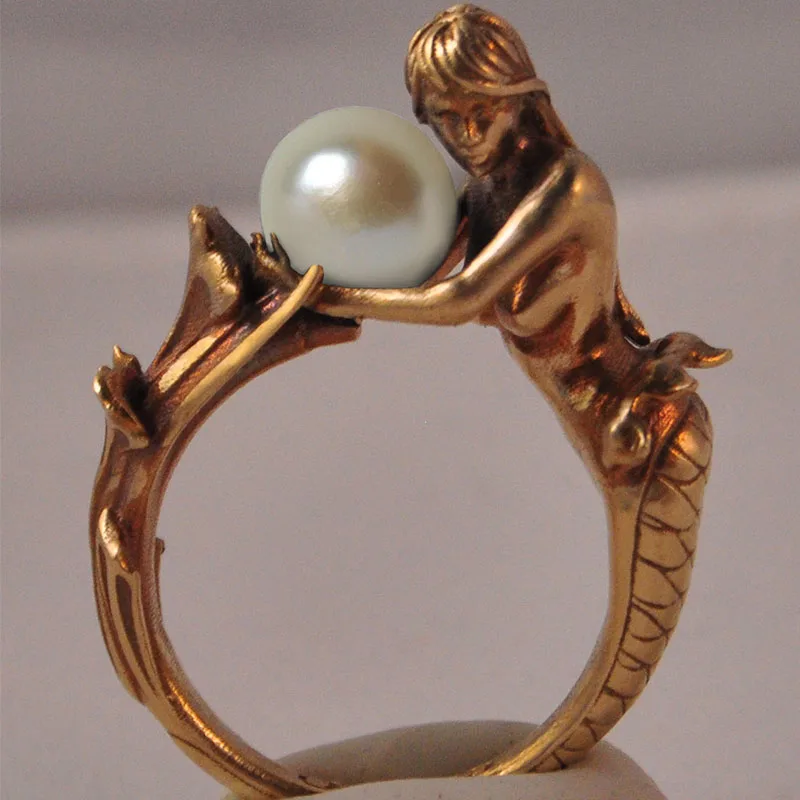 Rose Gold-White Классическое серебряное розовое золото цвет русалка Холдинг черный белый милый искусственный жемчуг палец кольца для женщин модные вечерние ювелирные изделия - Цвет основного камня: Rose Gold-White