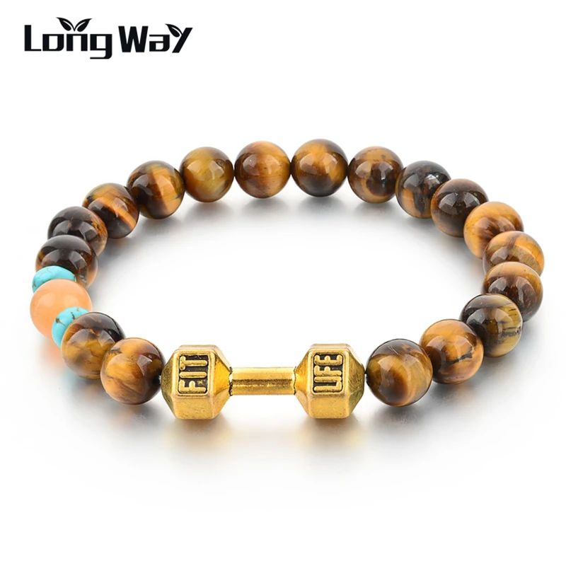 

Модные браслеты LongWay, персонализированные браслеты золотого цвета с гантелями для женщин и мужчин, браслеты с тигром и камнем SBR160178