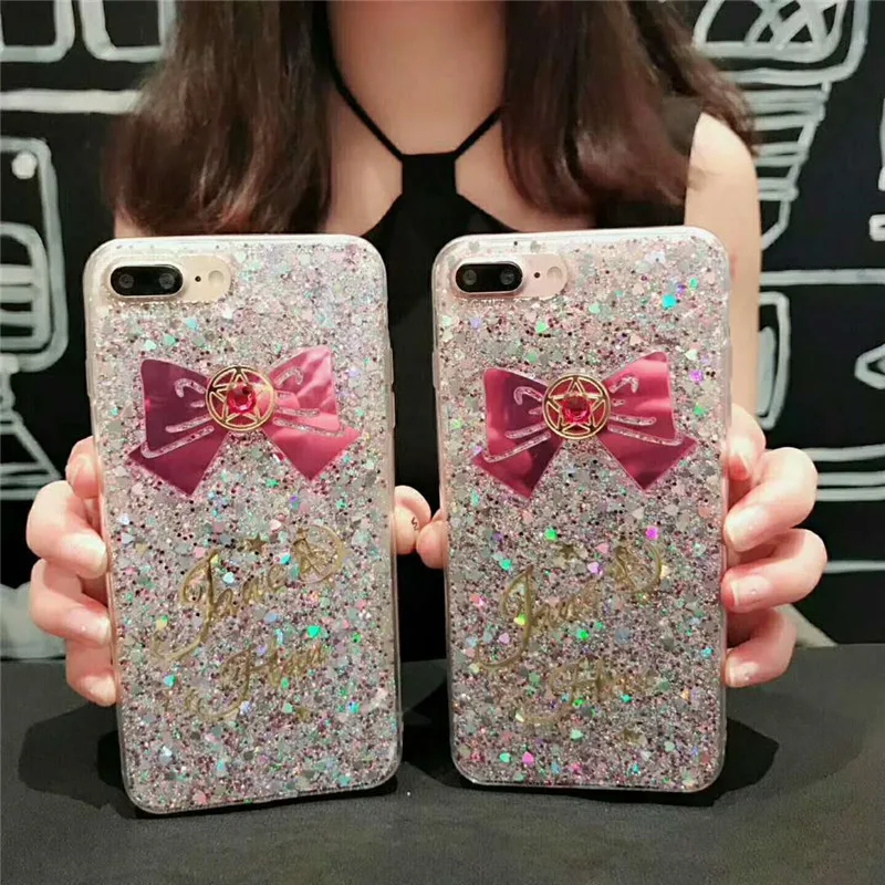 Ayeena Phone Case For iPhone 7 8 Shinning Glitter Bling Love Heart Bow Back Cover Capa Coque iPhone7 6 6s Plus X Fundas Caja |