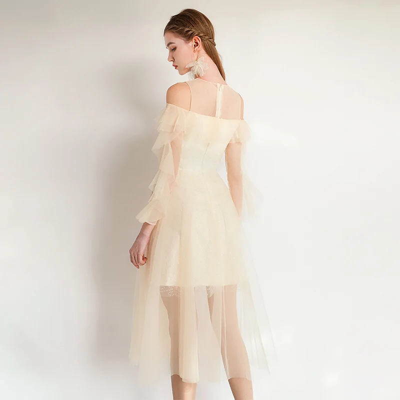 He's Bride Dream Champagne Lace Cocktail Party Dress Simple Zipper Back Tea-Length Long Sleeves for Women Robe De Soiree | Свадьбы и