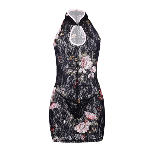 Эротическое нижнее белье Cheongsam со стоячим воротником, платье для сна, прозрачное сексуальное нижнее белье с разрезом, невидимая молния, сексуальное нижнее белье - Цвет: Black