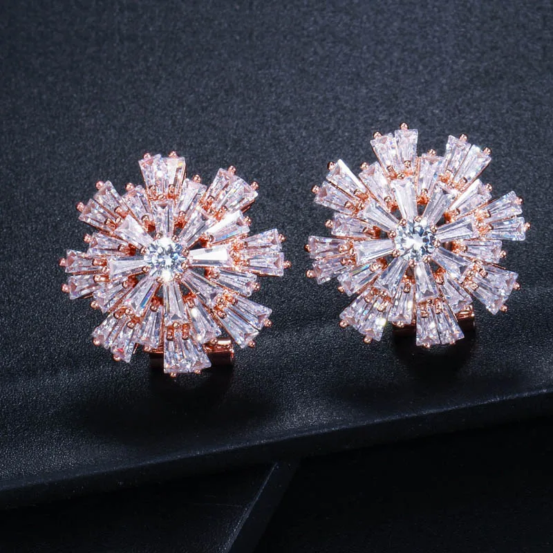 rose gold CWWZircons дизайнерский кластерный цветок наивысшего качества светильник с синим кубическим цирконием кристалл большие французские зажимные серьги-клипсы для женщин CZ136 - Окраска металла: rose gold