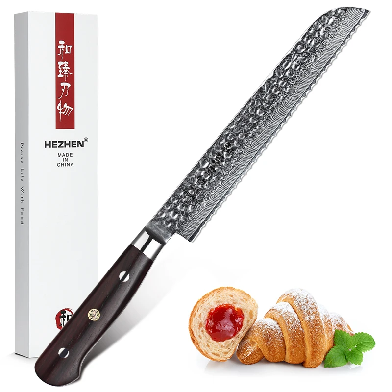 

HEZHEN 8 Inch Serrated Bread Knife Damascus Steel Stainless Steel Blade Toast Slicing Knives Cut Cheese Cake Dalbergia Handle