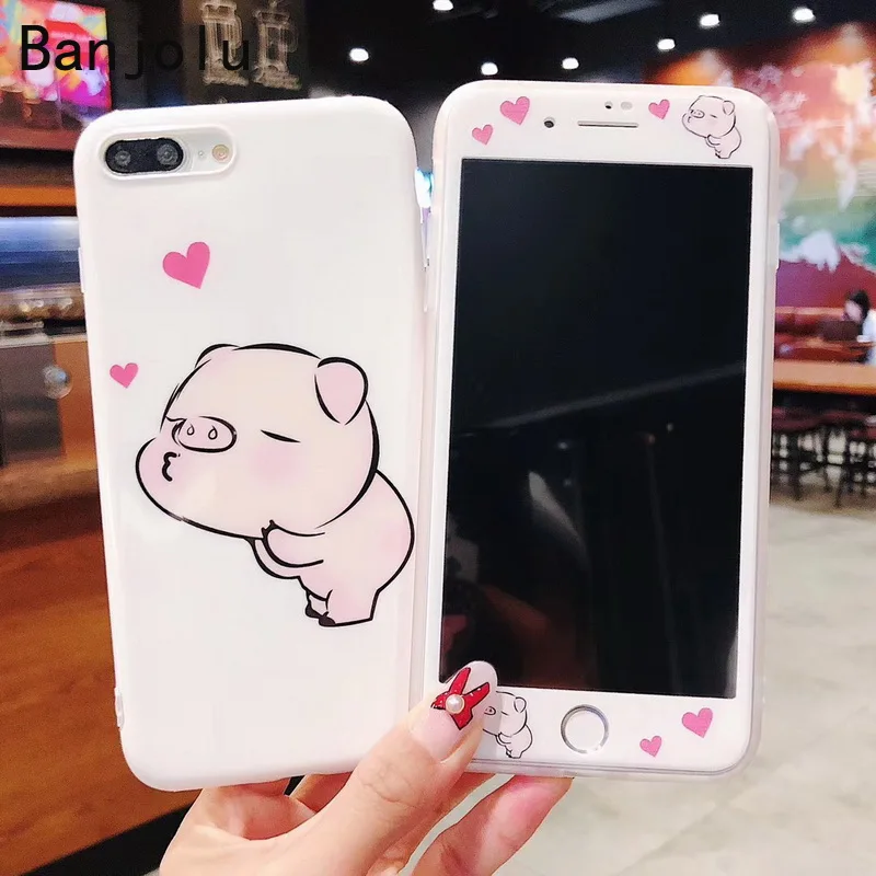 Чехол Banjolu Cute Pig Heart + Защитное стекло для экрана из закаленного стекла для телефона iPhone X XR XS MAX 8 7 6 6s Plus с мягкой задней крышкой.
