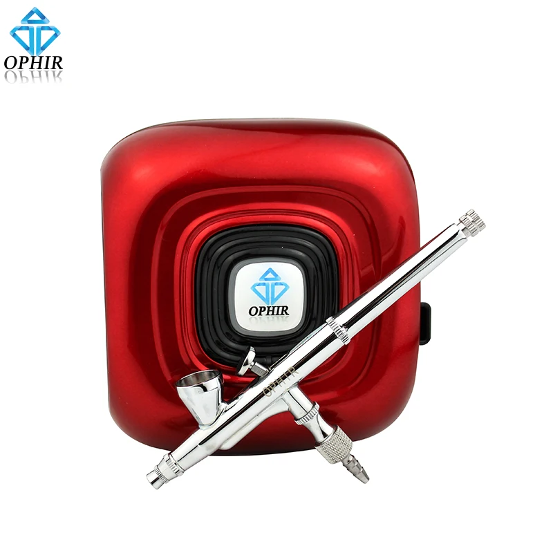 OPHIR Professional Makeup Airbrush Kit with Red Mini Air Compressor 0.2mm Airbrush Sprayer for Cosmetic_AC123R+AC073