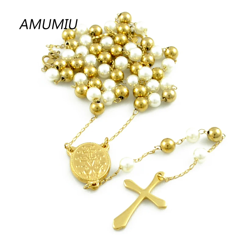 AMUMIU католицизм религиозная мода нержавеющая сталь Розария крест ожерелье бусины