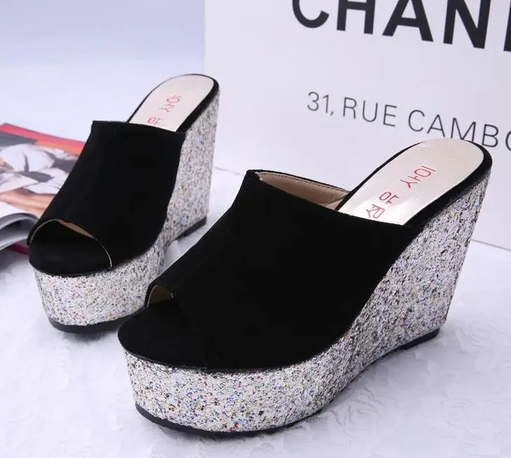 free shipping summer new style platform high heel women's sildes glitter fashion sandals hot sell | Обувь