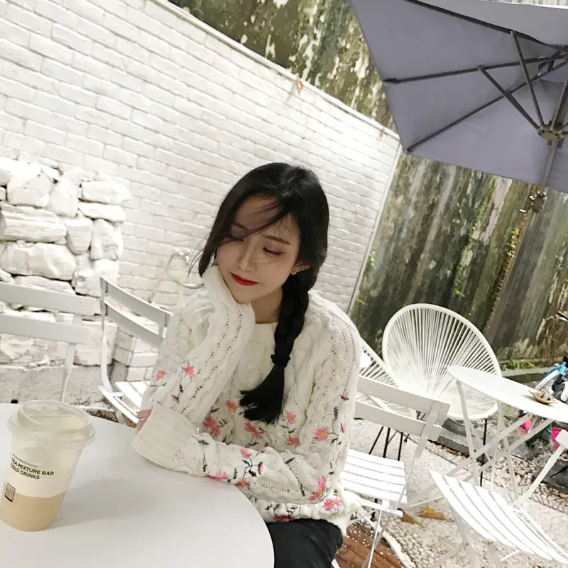 Осенний цветок Вышивка свитер 2017 женская обувь Повседневное свободные зимние