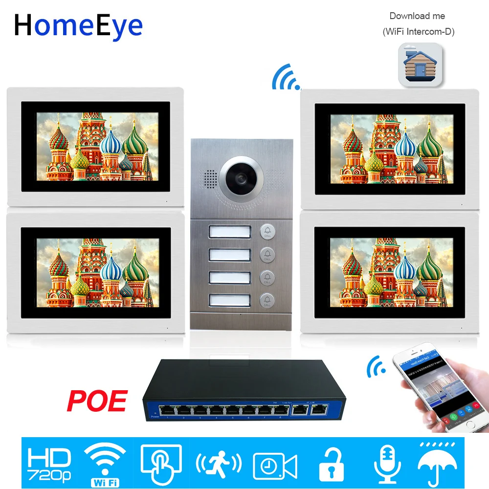 4 семейная система контроля допуска к двери 720P 7 ''WiFi ip видео домофон
